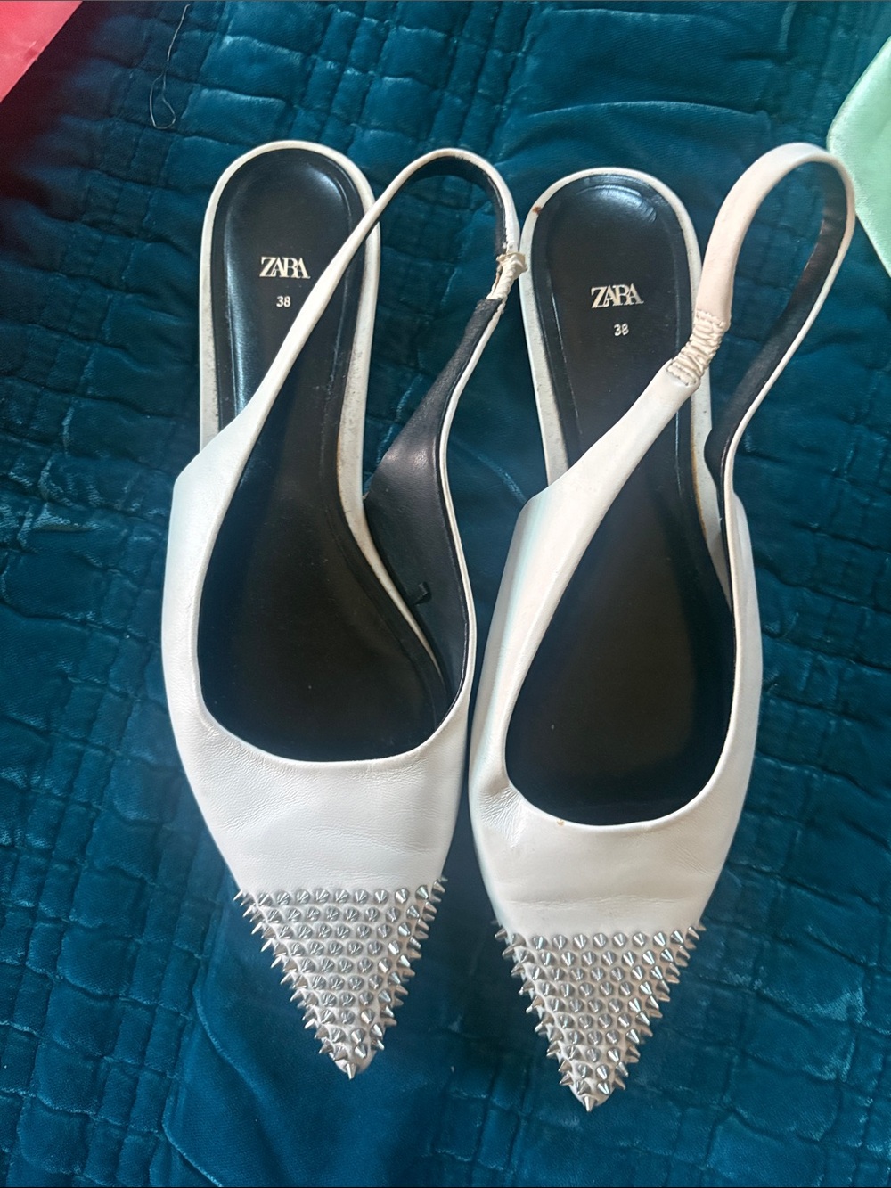 Zara Cream Pointed Slingback Flats with Silver Studded Toe